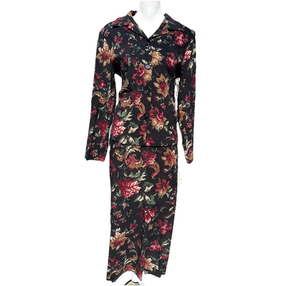 Vtg 90s Briggs New York Dress Sz 12‎ Goth Floral Vampire Maxi Skirt Suit Button